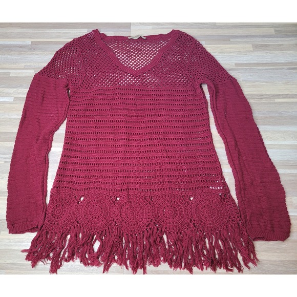 Nine West American Vintage Tops - Nine West‎ American Vintage Crochet Fringe Tunic Top Sweater Size M Burgundy
